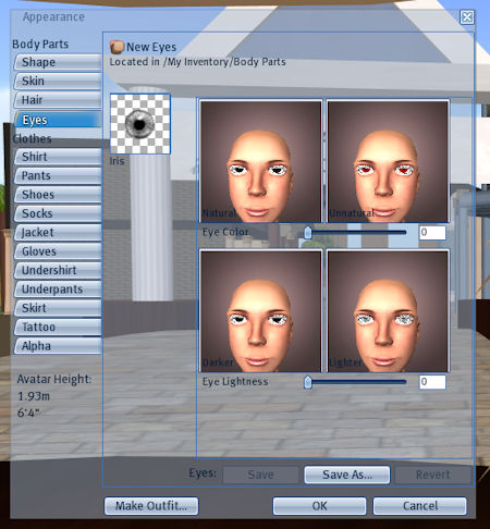 Appearance Menu for Eyes