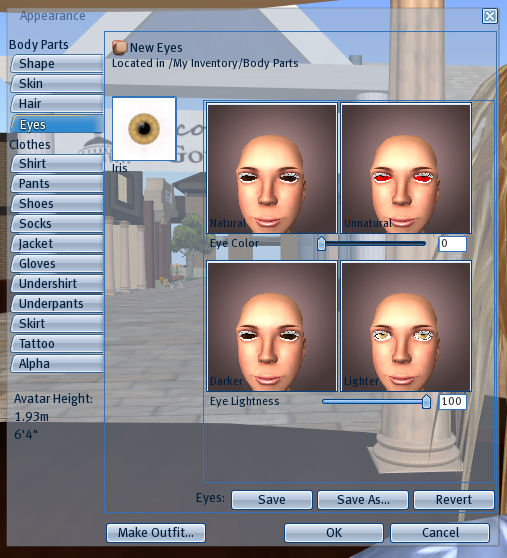Appearance Menu showing Eye Texture